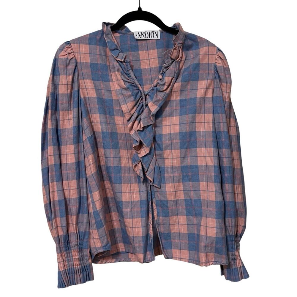 Andion 100% Cotton Pink Blue Plaid Flannel Blouse Size Large